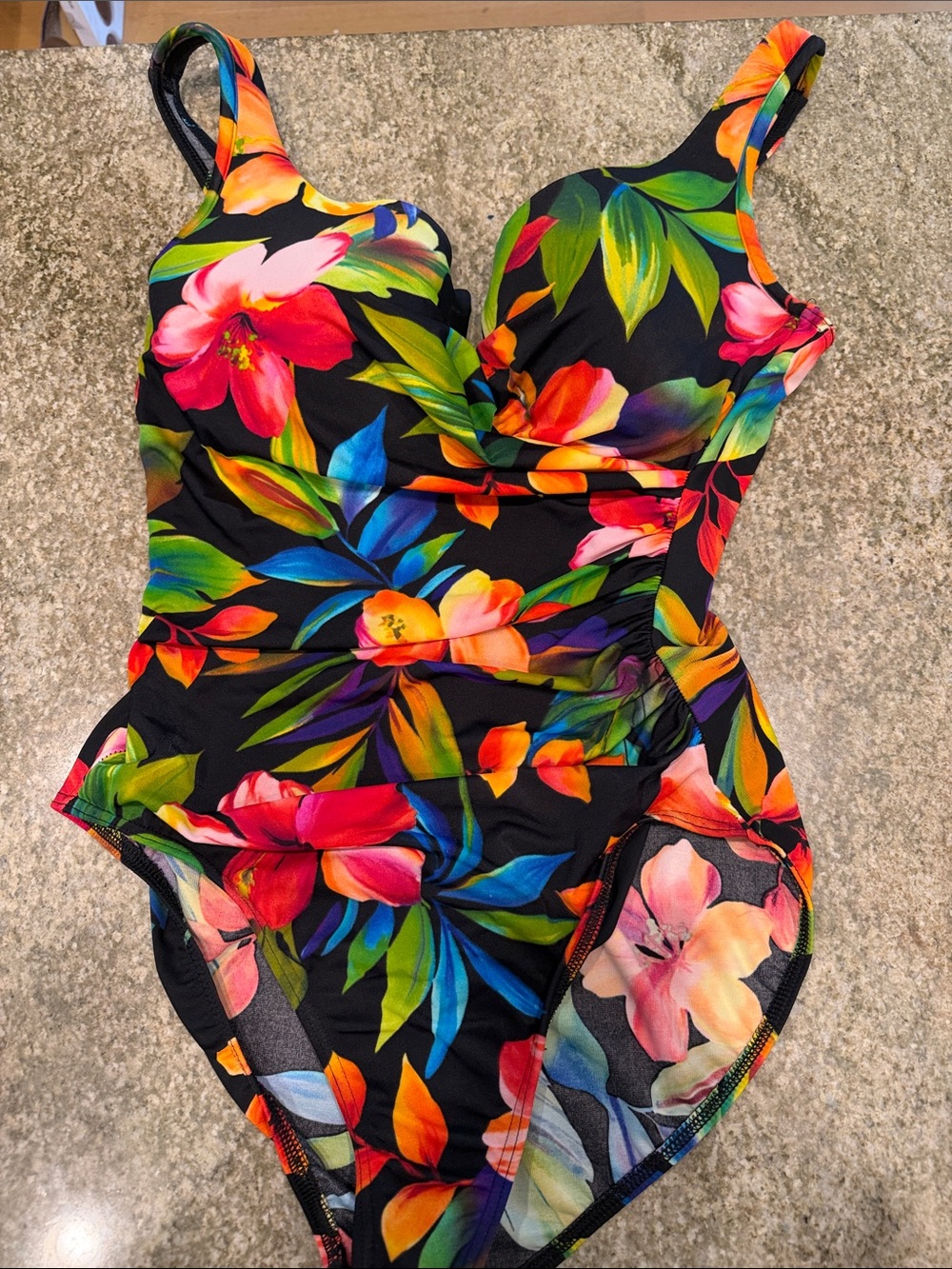 Miraclesuit One-Piece Swimsuit - Black with Bright Tropical Floral Print Size 16